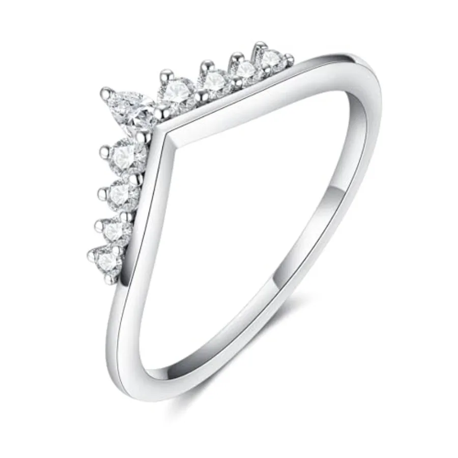 

IMOLOVE Moissanite Wedding Band for Women, V Shaped Curved Stacking Ring, 925 Sterling Silver Dainty Bridal Anniversary Band, C