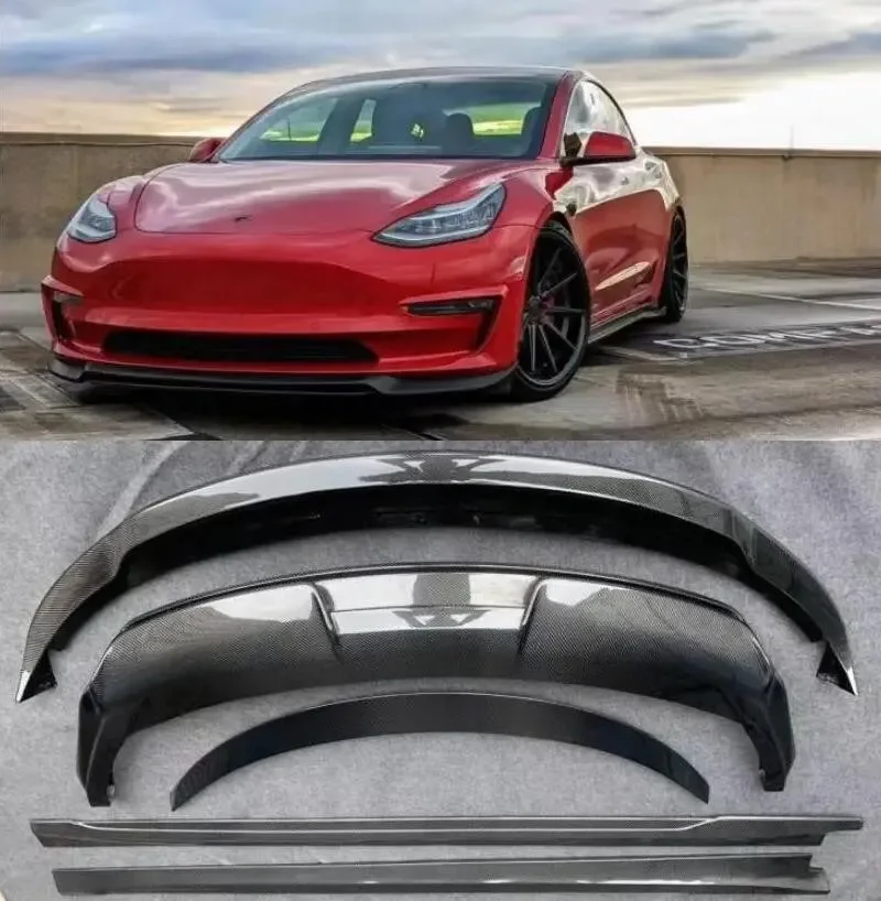 Для Tesla Model 3 2017-2022 ART Стиль из настоящего углеродного волокна, передняя губа, задний диффузор, спойлер багажника, боковая юбка, полный комплект кузова