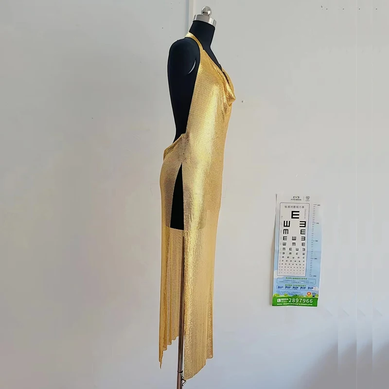 Damen Sexy Glänzendes Gold-Pailletten-Neckholder-Kleid Rückenfreies Bodycon Midikleid Nachtclub Party Abend Cocktailkleider Vestidos Mujer – Detail 7