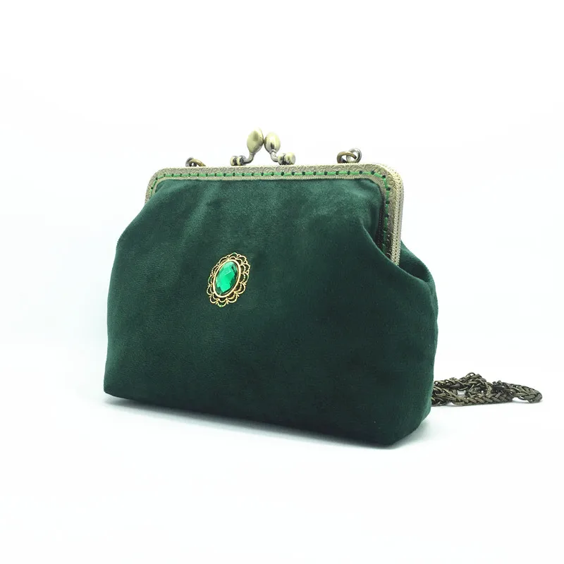 Lost in Vinatge Petrol Green Velvet Clasp Clutch Beset with Diamonds Bag Snap Closure Frame Gold Chain Strap Evening Party