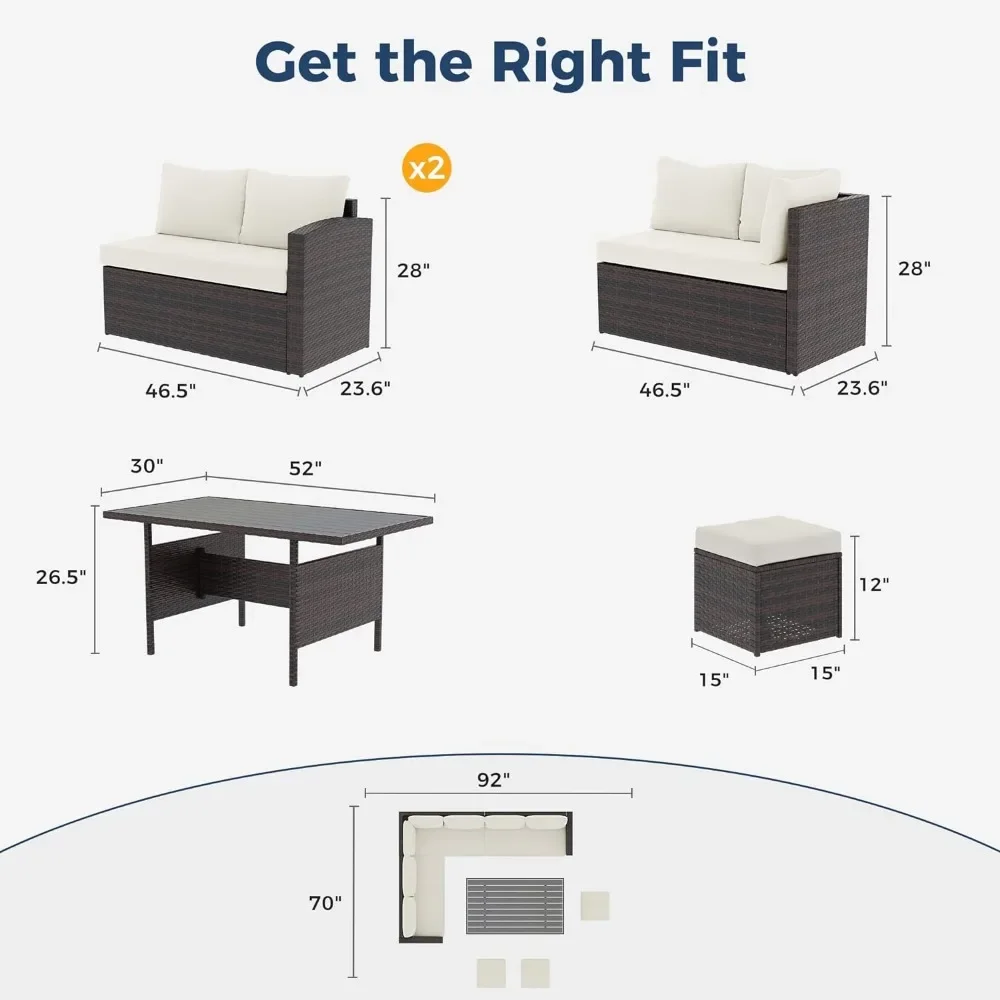 Conjunto de vime com otomano, mobiliário de jardim, mesa e cadeira secional Rattan, sofá 7 peça