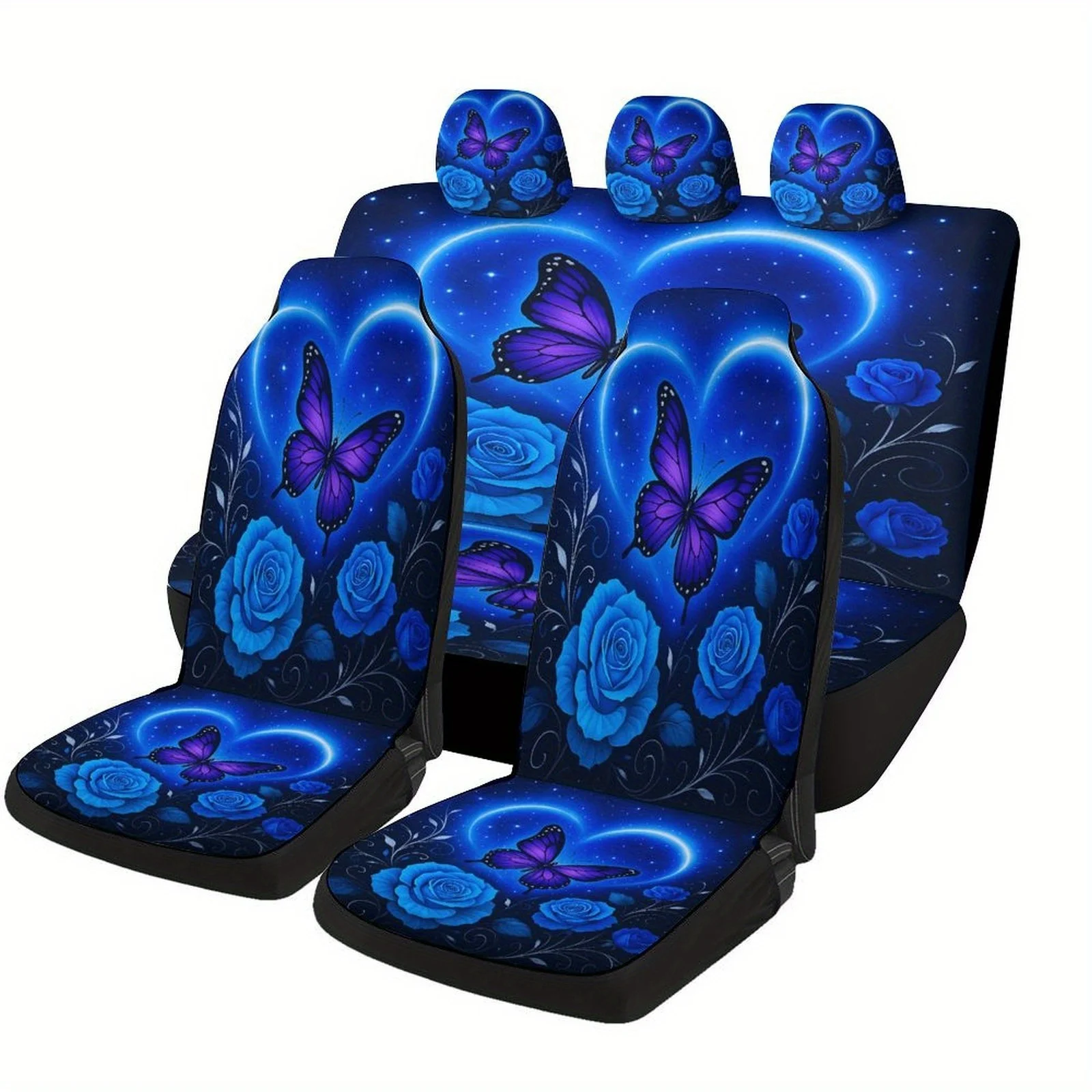 

Blue Roses And Butterfly Designed Car Seat Cover Set For Most Cars, Decorative Fashionable High-quality Car Seat Protector Cover