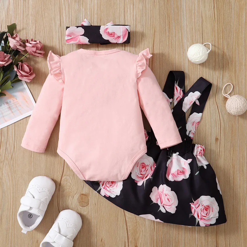 3PCS Baby Girl Dress Set Long Sleeves Bodysuit+Rose Floral Suspender Skirt+Headband Fashion Outfits for Toddlers 0-18 Months