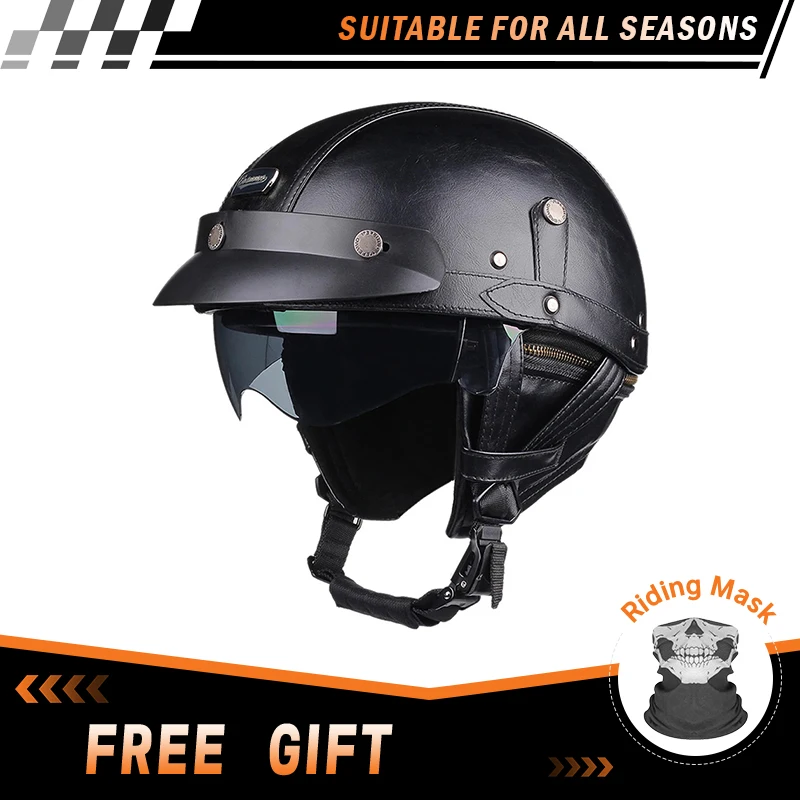 Afbeelding 3: Retro lederen half gezicht motorhelmen heren dames vintage motorfiets halve helm met bril DOT Capacete De Moto
