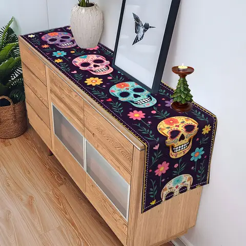 1 bordslöpare med de dödas dag-tema, dekorerad med färgglada dödskallar och blommönster, lämplig för mexikanska de dödas dag-fester och exotisk heminredning 10 best sales Mexikansk dekoration - №3