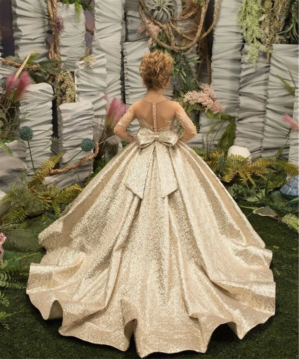 

Customized Shiny Gold Flower Girl Dress for Wedding Full Sleeve with Bow Cute Kids Princess Birthday Party Pageant Ball Gown
