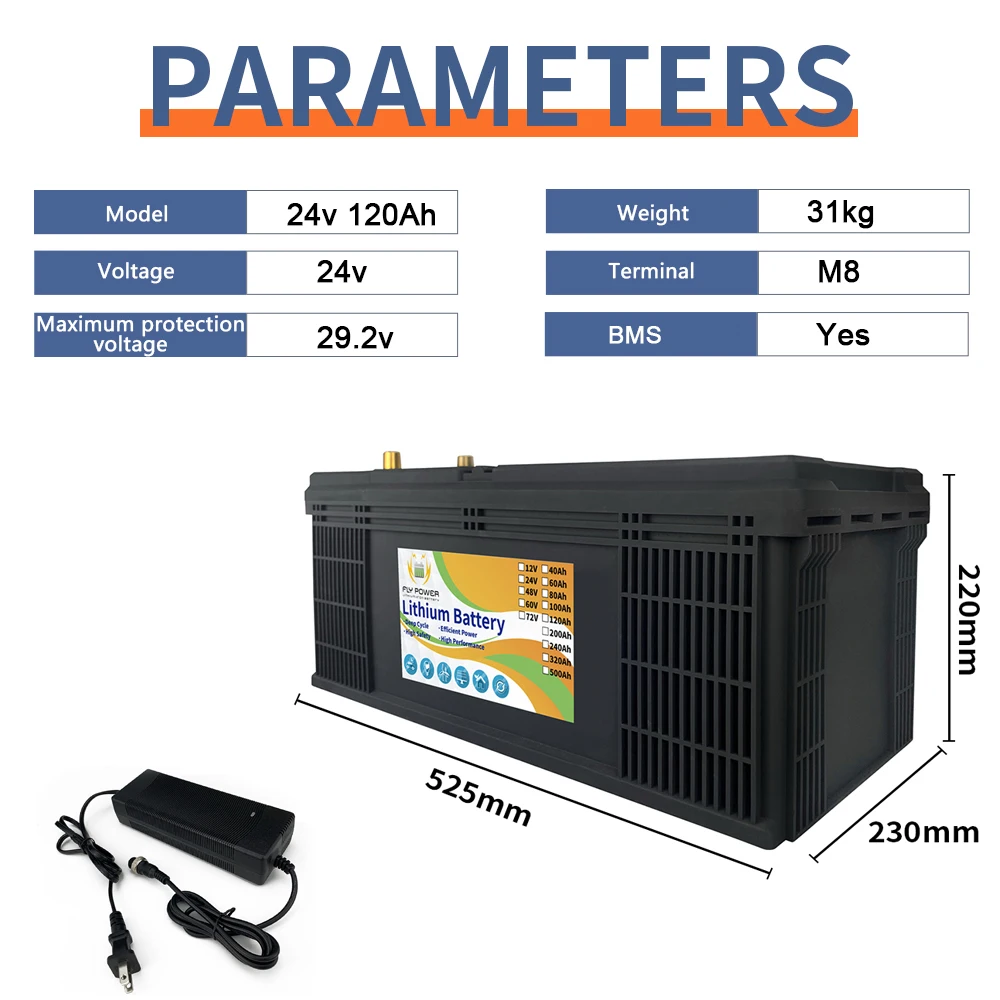 DHL 24V 60Ah 100Ah 120Ah LiFePO4 Iron Phosphate Energy Battery Pack With BMS For Golf RV Campers US/EU Stock