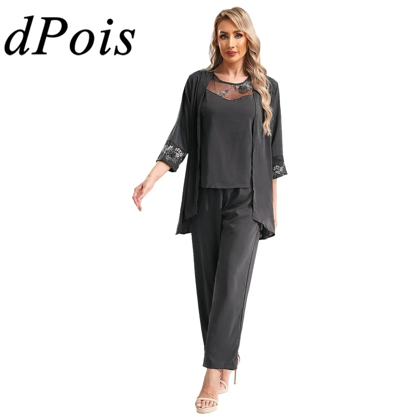 Womens Party Chiffon 3-Piece Outfits Tank Top 3/4 Sleeve Draped Cardigan And Straight Pants Suit Woman\'s Clothes Sets