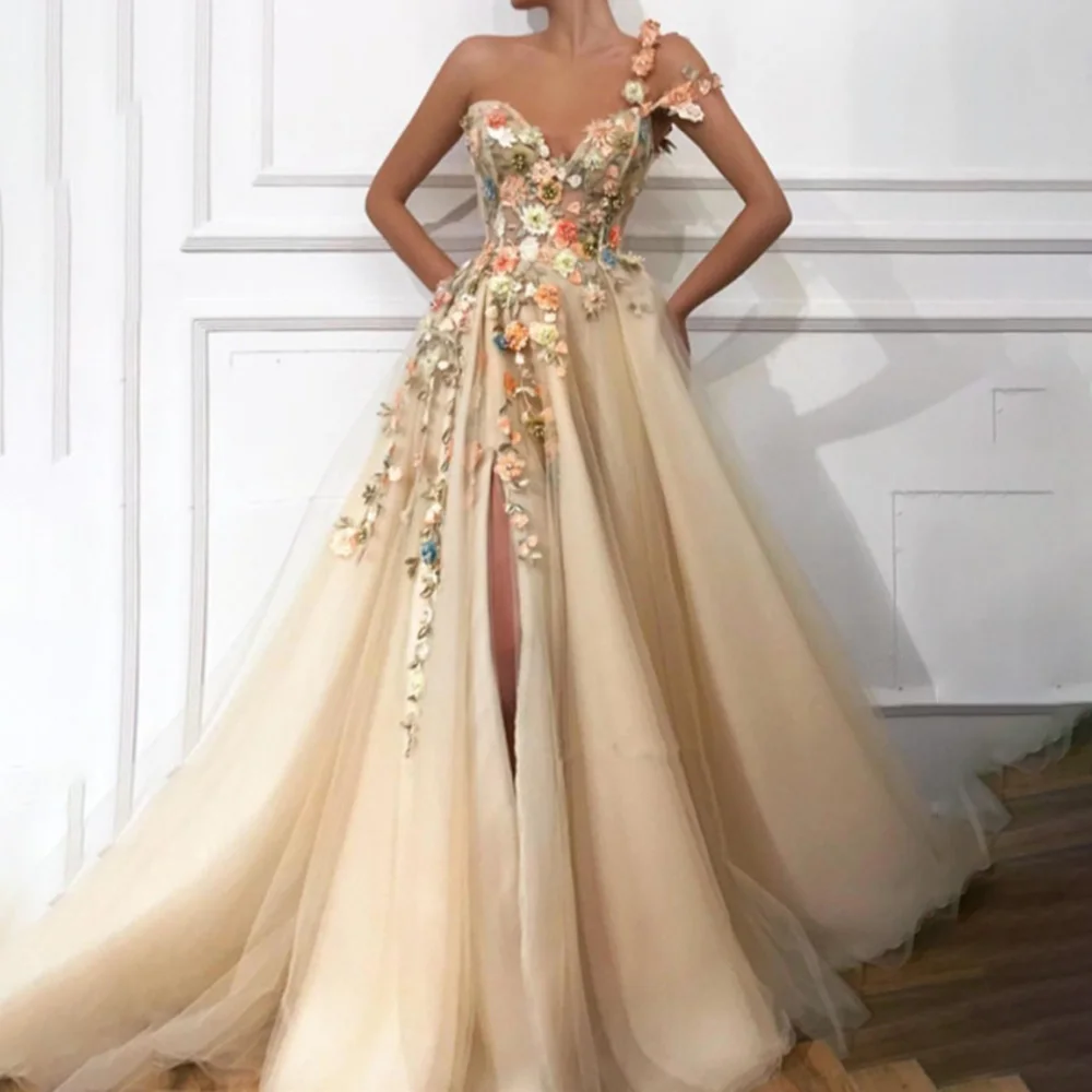 

Luxury Strapless 3D Flower Accents Prom Dress for Women A-line Court Backless Prom Party Gown with Split robes de soirée