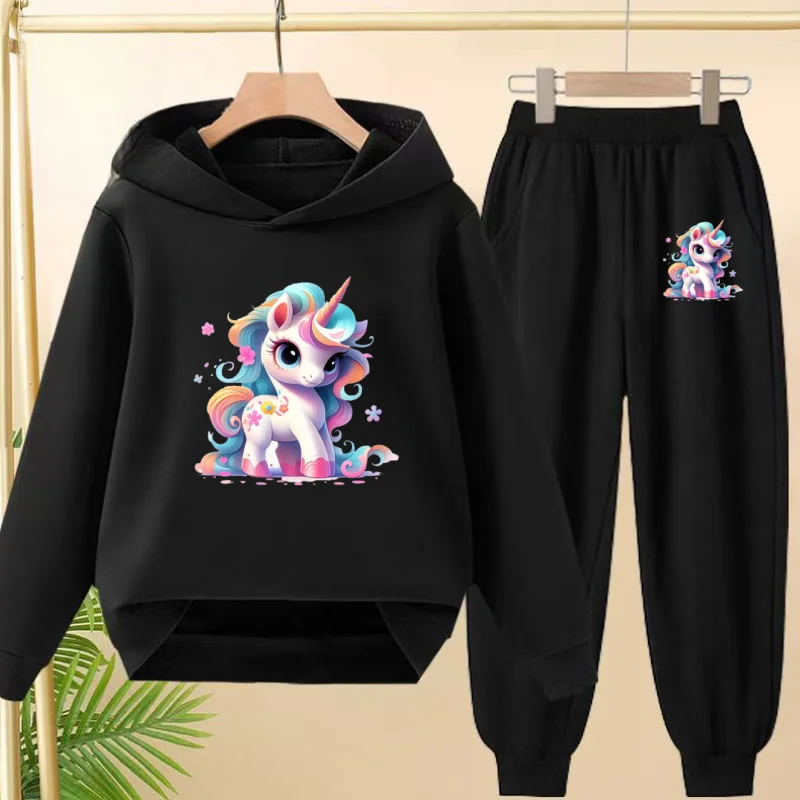 

Children Casual Fashion Cute Unicorn Print Outerwear Hoodie+Pants 3-12 Age Pullover Hooded Autumn Winter Sportswear 2 piece Set
