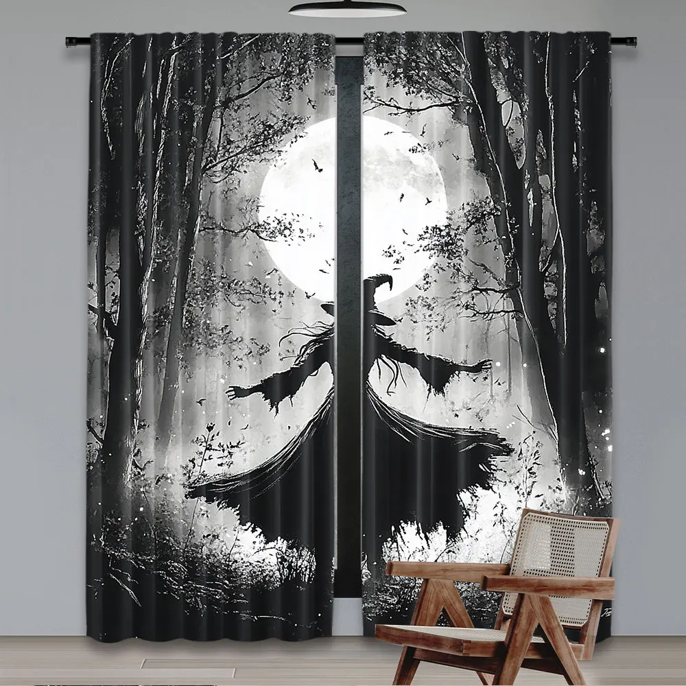 2Pcs Halloween Forest Curtain Horrible Foggy Full Moon Witch Silhouette Gothic Halloween Night Scene Bedroom Bathroom Decor