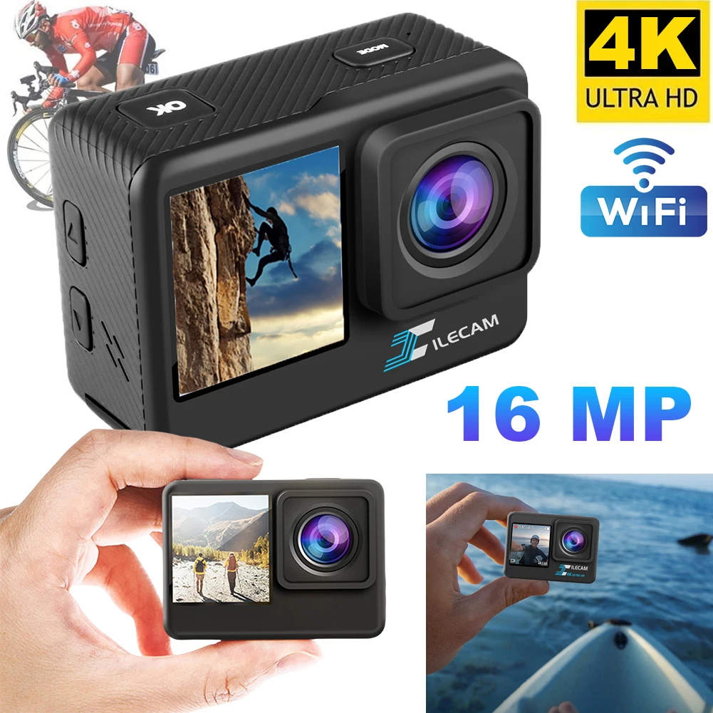 4K UHD Outdoor Sport Cam Dual Screen Display 2.0 Inch IPS Screen Bicycle Video Recording Camera 120 Wide Angle Underwater Camera