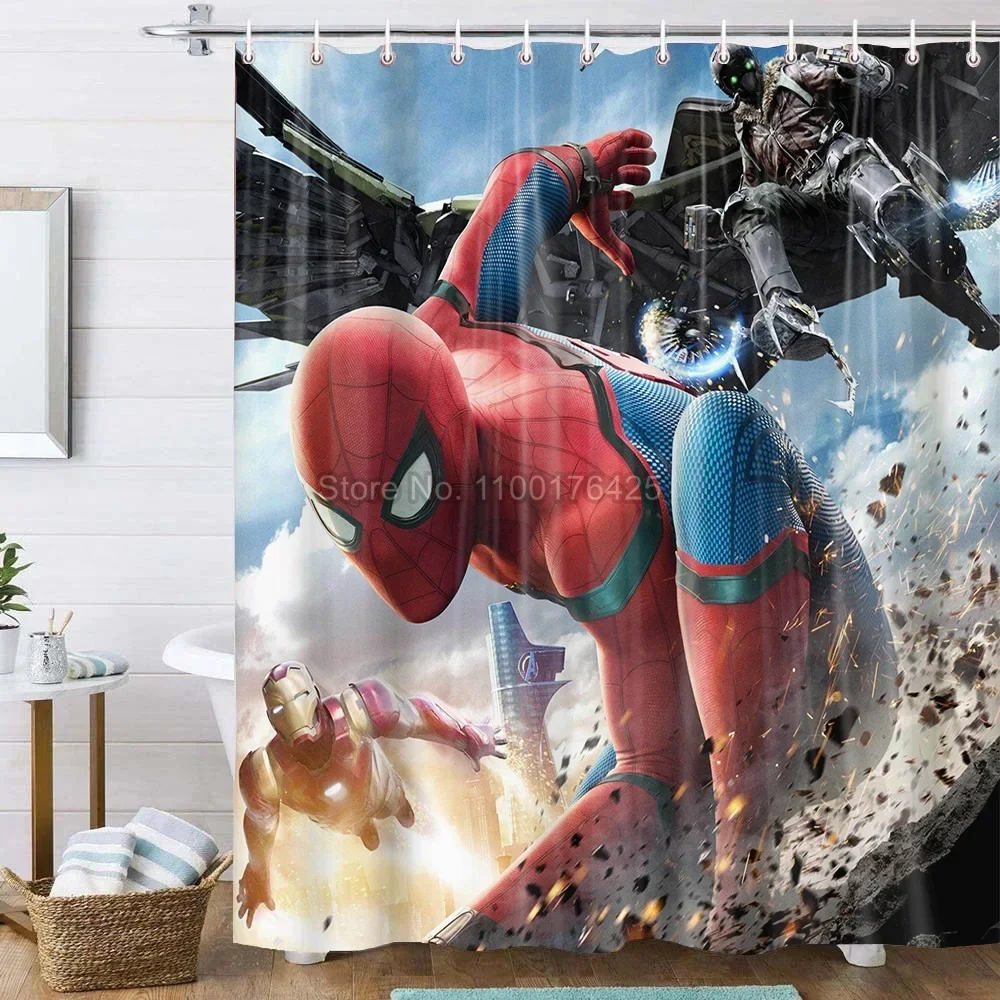 Spiderman Shower Curtain Bathroom Curtains Cartoon Waterproof Fabric Background Wall Decor Screen with Hooks