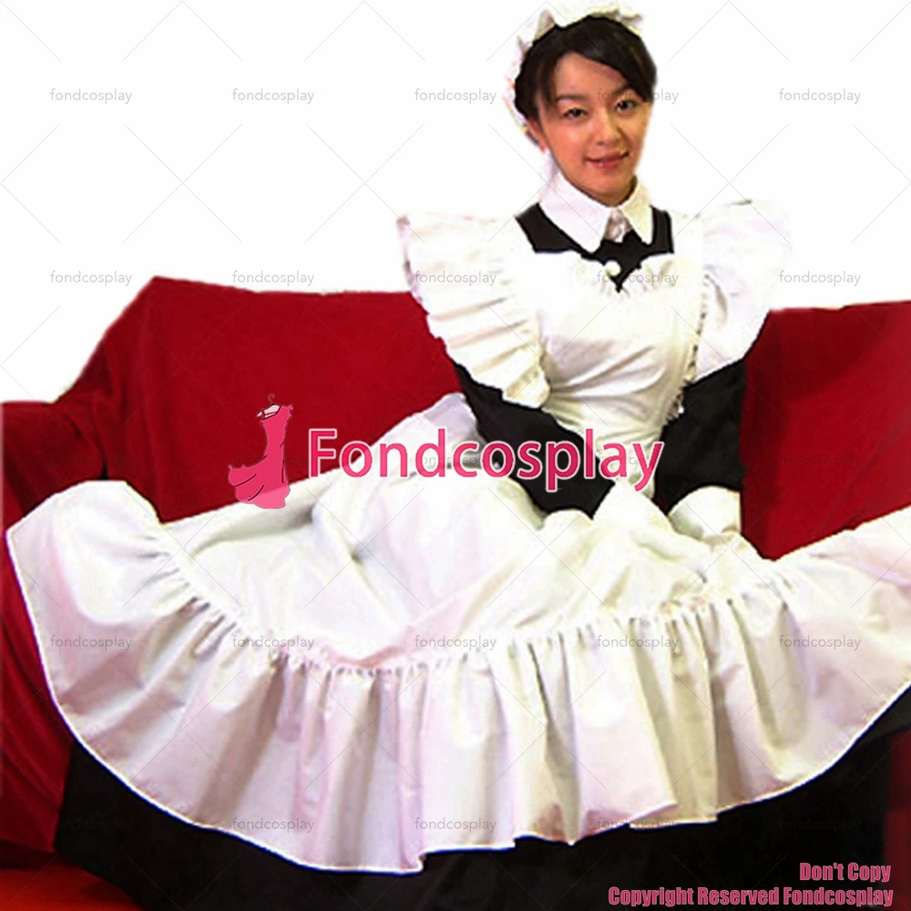 fondcosplay adult sexy cross dressing sissy maid long Lockable black Cotton Dress Uniform white apron CD/TV[CK1238]