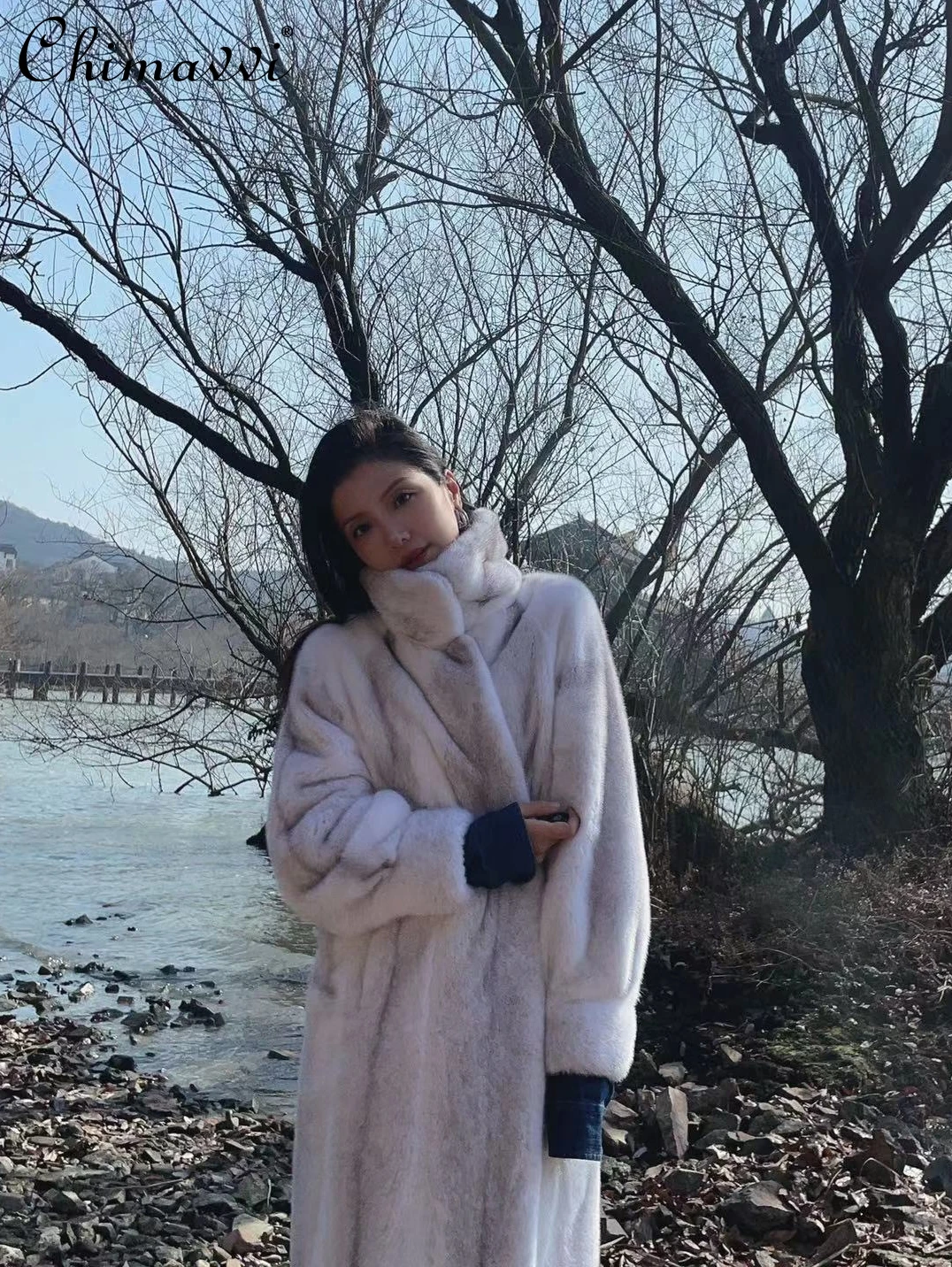 High-end Winter Warm Cross Mink Fur Fashion Stand-up Collar Long Sleeve Luxury Elegant Long Mink Velvet Coat Women's Faux Fur