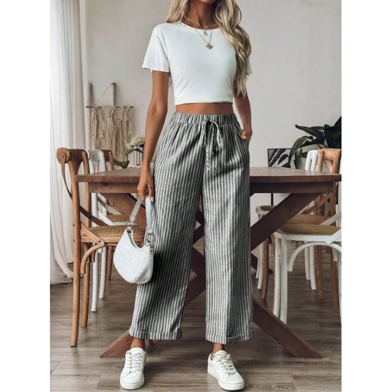 Women Straight Leg Pants Casual Loose Fit Trousers High Waist Drawstring Crop Pants Grey And White Cuffed Hem Ankle Pants