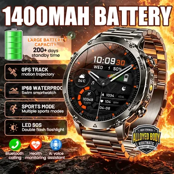 Nowy, ulepszony smartwatch z baterią 1400mAh na rok 2026, z GPS, funkcją SOS, latarką, połączeniami Bluetooth, wodoodporny, sportowy, męski smartwatch AMOLED do użytku na zewnątrz.