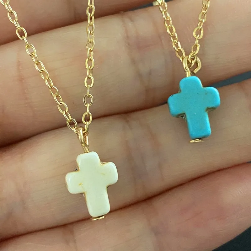 New Popular Cross Necklace for Women White Blue Color Fashion Pendant Choker Necklace Golden Color Link Chain Wholesale Jewelryj