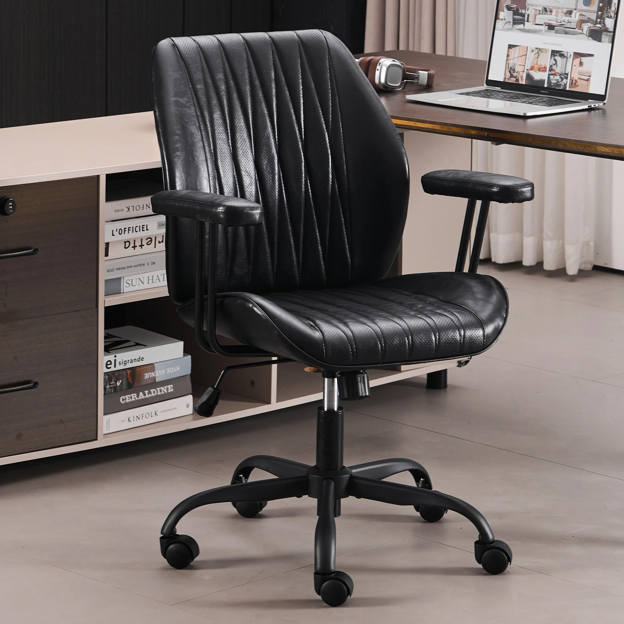 Vigosit Office Chair,Black /Brown Leather Executive Desk Chair Enomic Retro Modern Chair with Wheel and Lumbar Support Adjustable Height Rocking Swivel Manageria Chair for Home Office