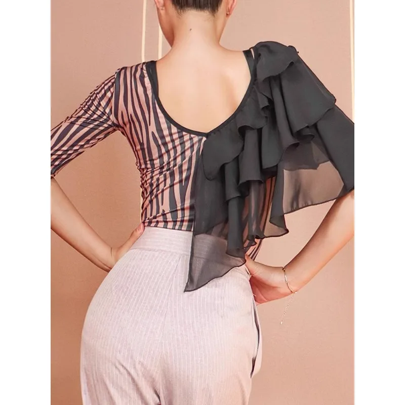 Striped Flying Edge Jumpsuit Women\'s National Standard Dance Jumpsuit Slimming Dance Suit Top TL830