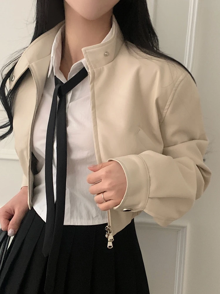 Bla PU Leder Jaet Damen ort Sle Hong Kong Sle Design Frühling Neue Oberbekleidung irt Taille Cinching Reißverschluss Sve