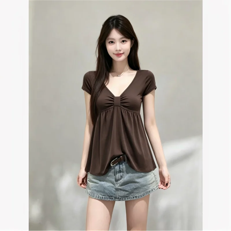 Slim Fit V-Neck Pleated Short Sleeve T-Shirt Women Summer Elegant Loose Weight-Loss Base Shirt Daily Wear Polyester Fabric