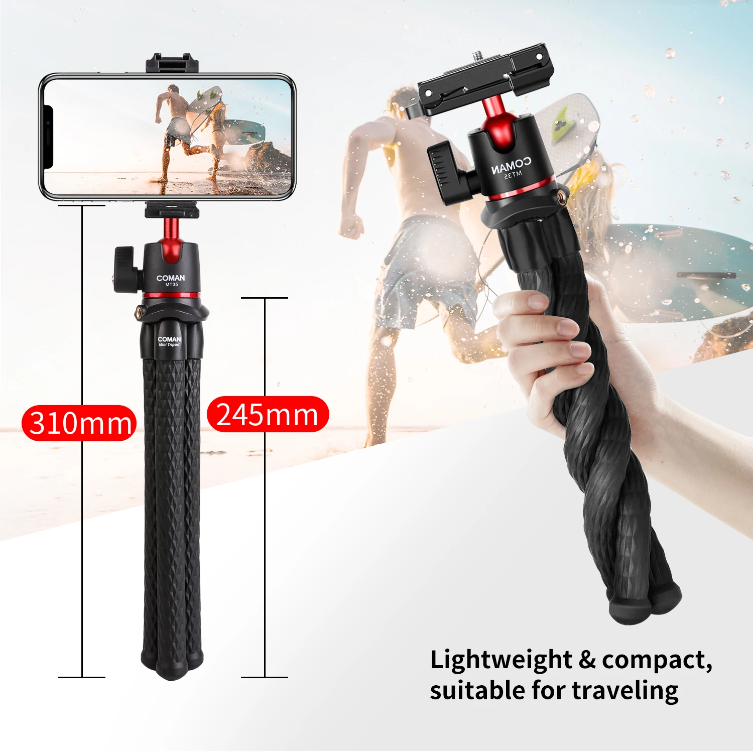 COMAN MT-35 Flexible Camera Tripod Hidden Phone Tripod Mount With Cold Shoe Smartphone DSLR Tripod For iPhone 15 Pro Max Samsung