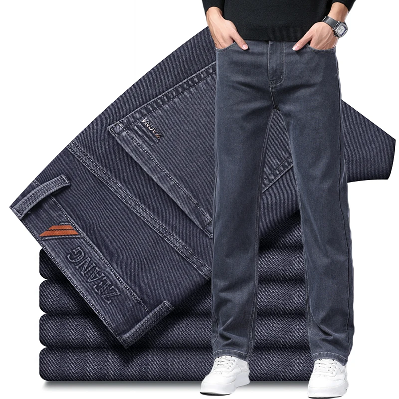 Classic Straight Men's Stretch Jeans Lyocell Cotton Comfortable Soft Casual Denim Pants Spring Business Work Gray Trousers