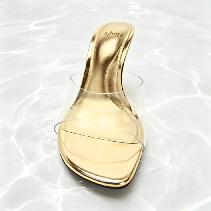 Unique Laminated Wedge Sandals Women Fashion Vinyl-effect Front-strap Slide Sandals Elegant Round-toe Open-toe Designer Shoes view 3