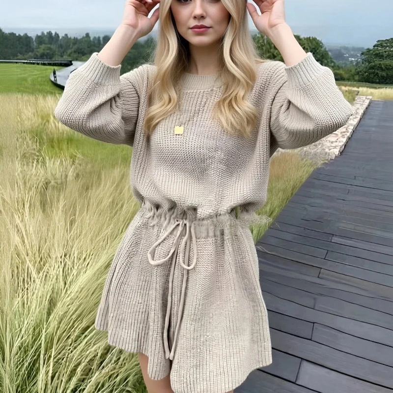 

Осенняя новая женская одежда, женский однотонный свитер с длинными рукавами, комбинезон, модный повседневный трикотаж на шнуровке