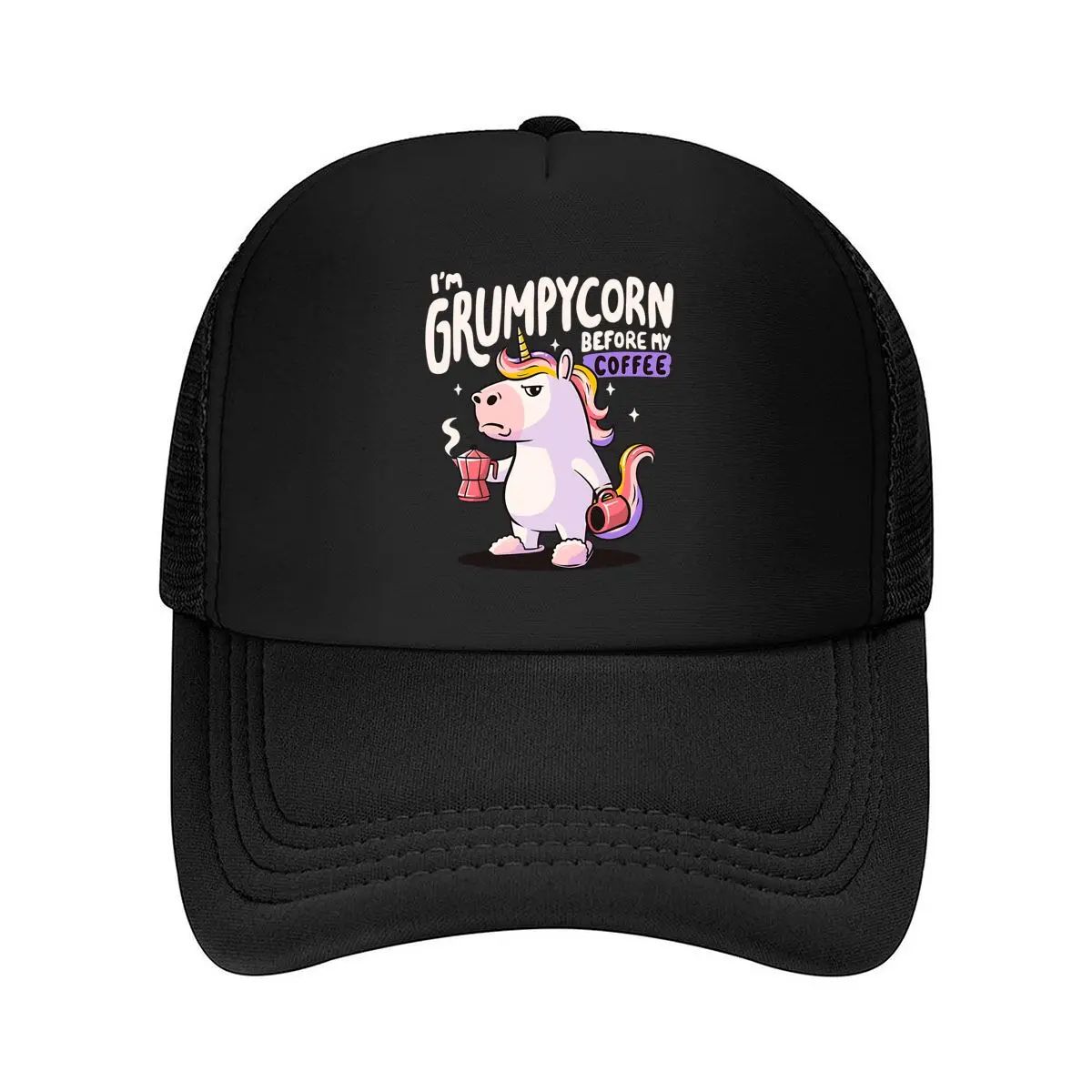 Grumpycorn Cute, Coffee - Loving Unicorn Character Art Design Mesh Baseball Cap