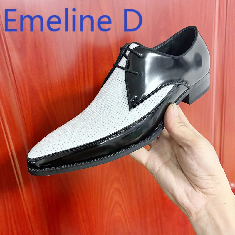 

Men's Formal Leather Shoes New Fashionable Black and White Patchwork Color Glossy Business Casual Shoes Derby Versatile Shoes