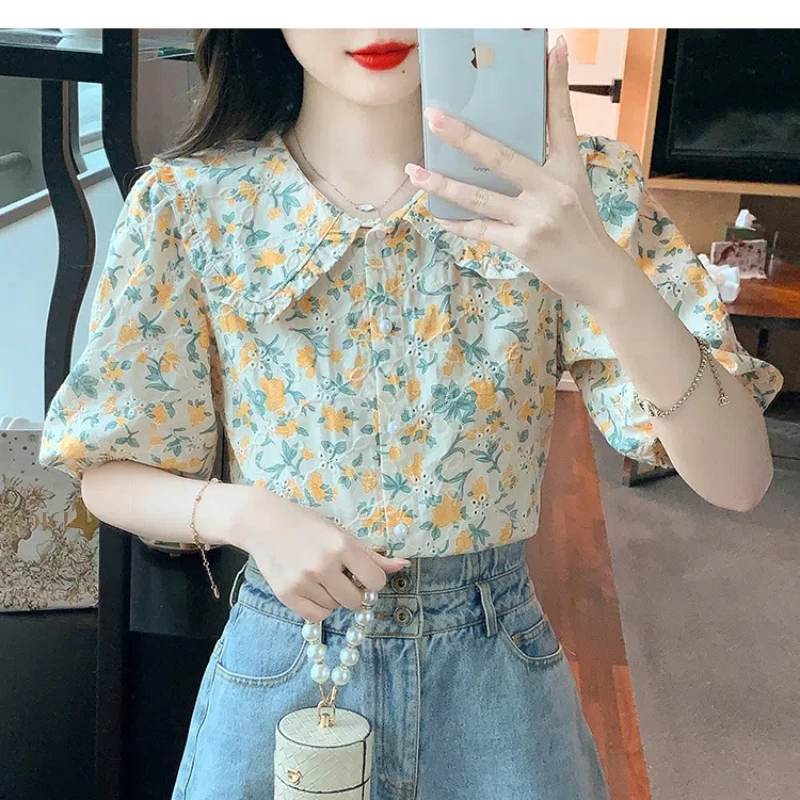 Temperament Sweet New Summer Women\'s Peter Pan Collar Printing Single Breasted Fashion Versatile Loose Puff Sleeve Shirts Tops