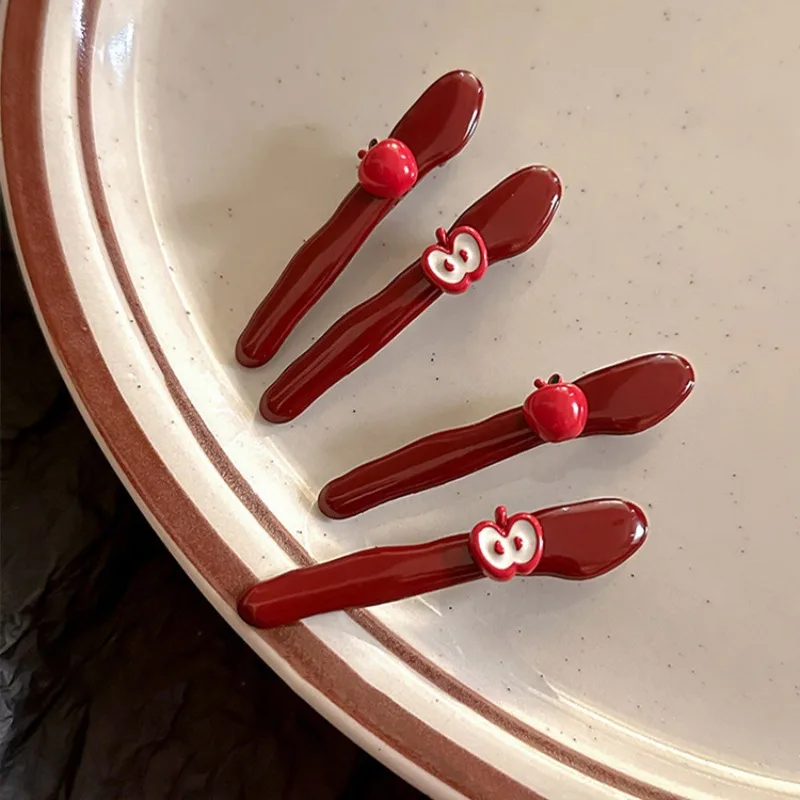 4pcs 2styles Fashion Sweet Red Apple Hair Clips For Women Simple Side Bangs Small Duckbill Clip Trendy Accessories
