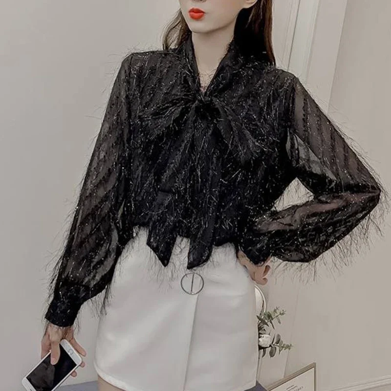 Autumn Shirt Office Lady Solid Color Chic Shirt Women Stylish Aesthetic Solid Color Drawstring Bright Silk Lantern Sleeve Top