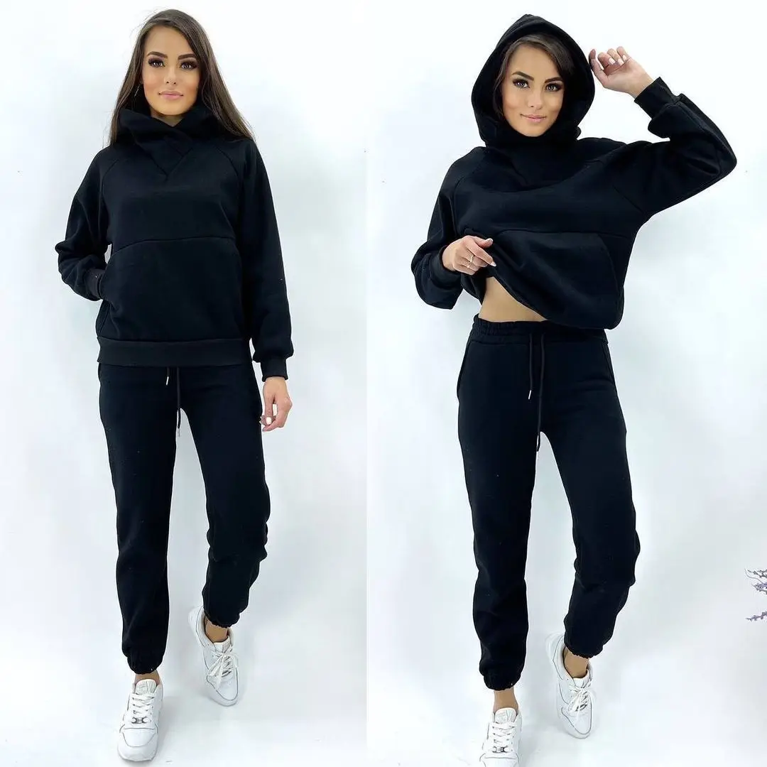 Loose Hooded Sweat Suit with Pockets, Casual Thick Trousers, Sport Suits for Autumn and Winter