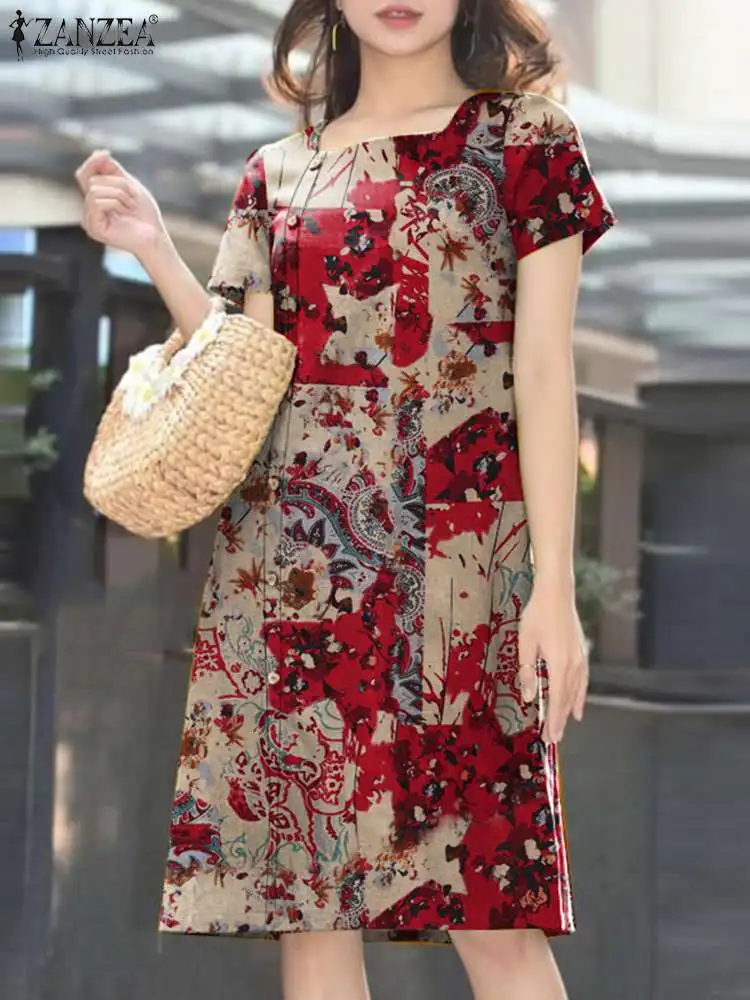 

2024 ZANZEA Bohemian Summer Dress Floral Printed Knee-length Sundress Female Vintage Square Neck Short Sleeve Work Party Vestido