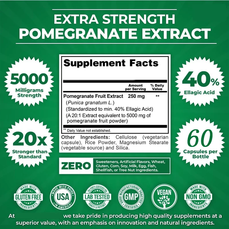 Pomegranate 20:1 extract,5000 MG strength, 40% folic acid, 60 vegetarian capsules, 1 month supply, concentrated 20 times extract