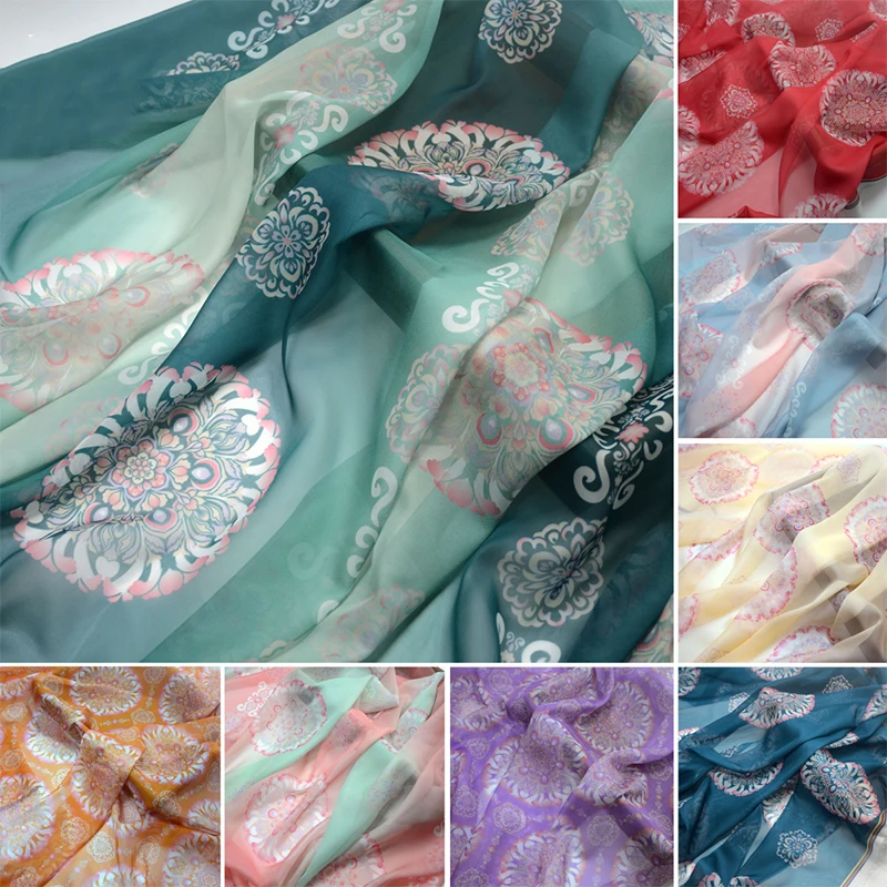 50/100/200cm Dunhuang Tuanhua Flower Fabric Gradient Chiffon Yarn Fabric DIY Sewing Hanfu Dress Ancient Stage Costume Apparel