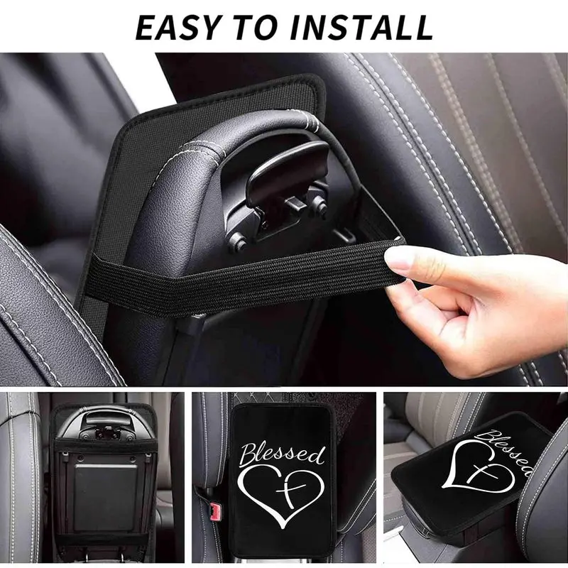 1Pc Car Armrest Cover + 2Pcs Cup Coasters, Blessed Heart Cross Pattern, For Car Interior Decoration