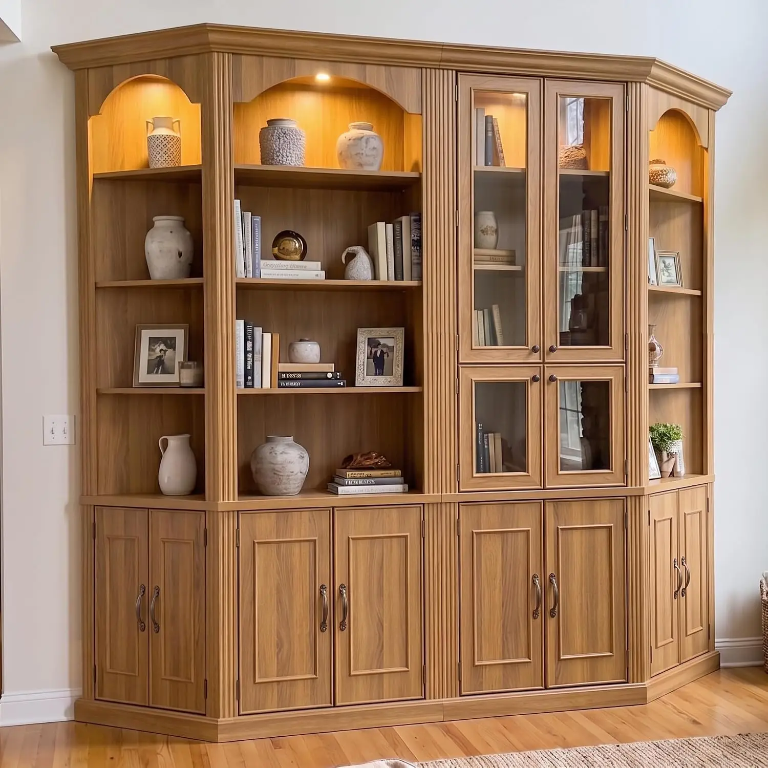 98.5" Wide Corner Bookcase with Top Light, Walnut, Customized