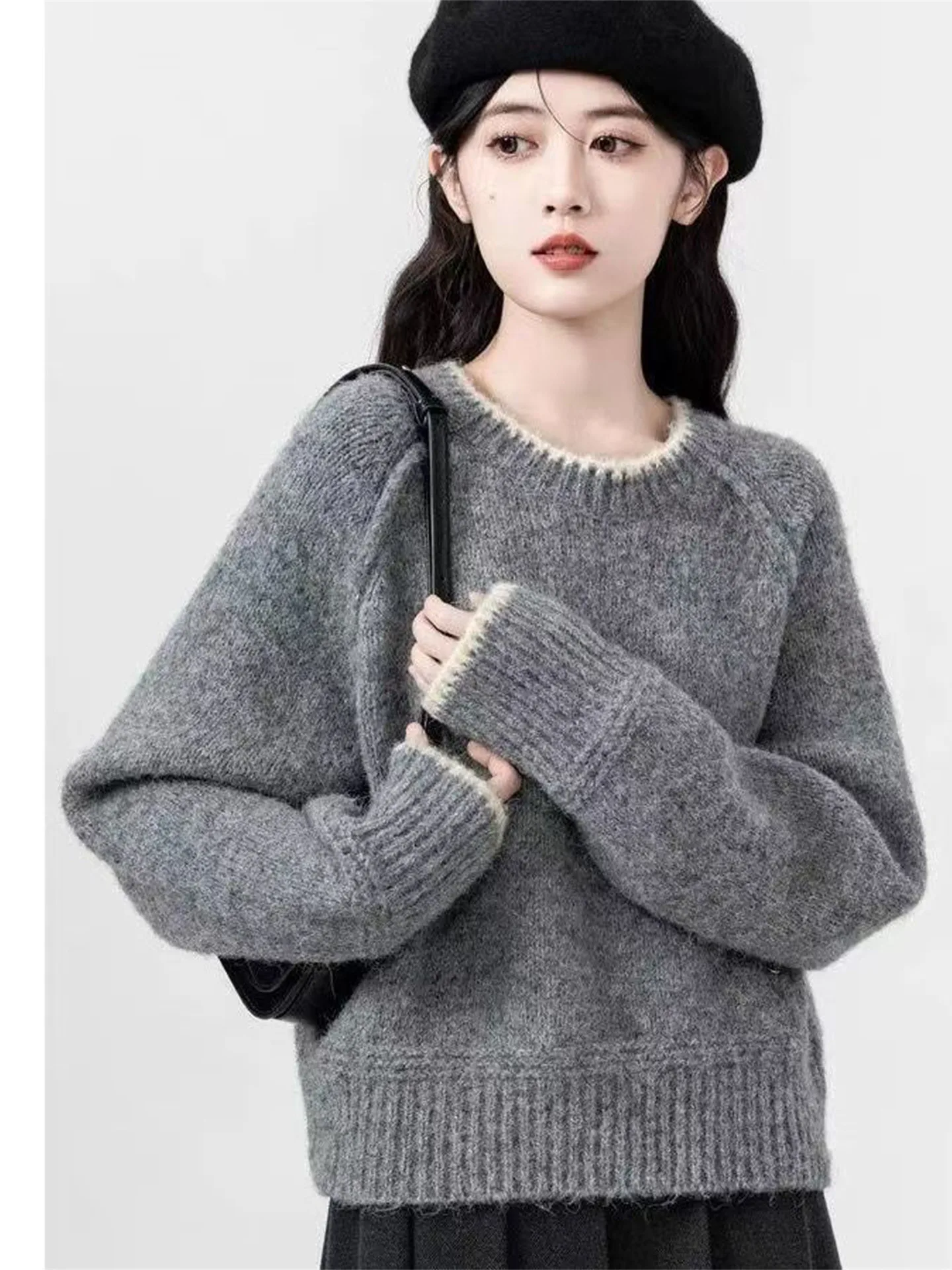 

Женский вязаный свитер с высокой талией, свободный крой, длинный рукав, круглый вырез, осенняя верхняя одежда в корейском стиле