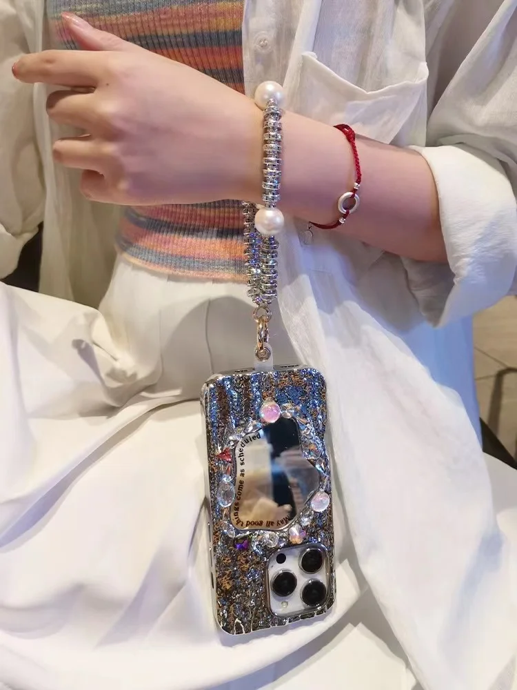 سباركلينغ كون ديامانتيس تيليفول DYM Pulsera Mano Cuerda Anti-Perdida Muñeca Cordón Colgante Cuentas Colgante Hecho A Mano De