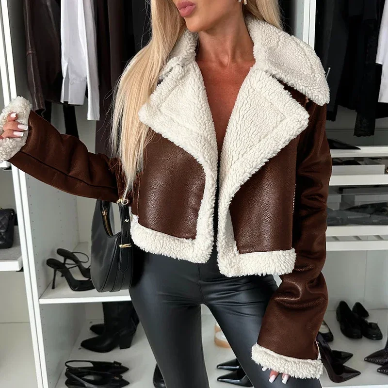 

Autumn Winter Causal Shorts Woolen Coats Women Fashion Thick PU Leather Jackets Elegant Lapel Collar Long Sleeve Solid Outwears