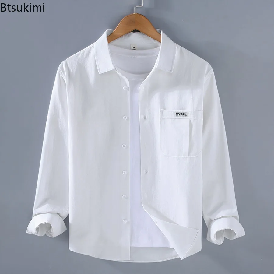เสื้อเชิ้ตแขนยาวผ้าฝ้าย 100% สำหรับผู้ชาย สไตล์มินิมอล เรียบง่าย ลำลอง วินเทจ เสื้อคาร์โก้ สำหรับฤดูใบไม้ผลิและฤดูใบไม้ร่วง เสื้ออเนกประสงค์ เสื้อเชิ้ตผู้ชาย เสื้อโค้ท