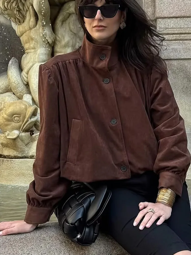 HH Giacca da donna autunno vintage in pelle scamosciata design pieghettato monopetto maniche lunghe giacca dolcevita femminile tasche cappotto corto casual