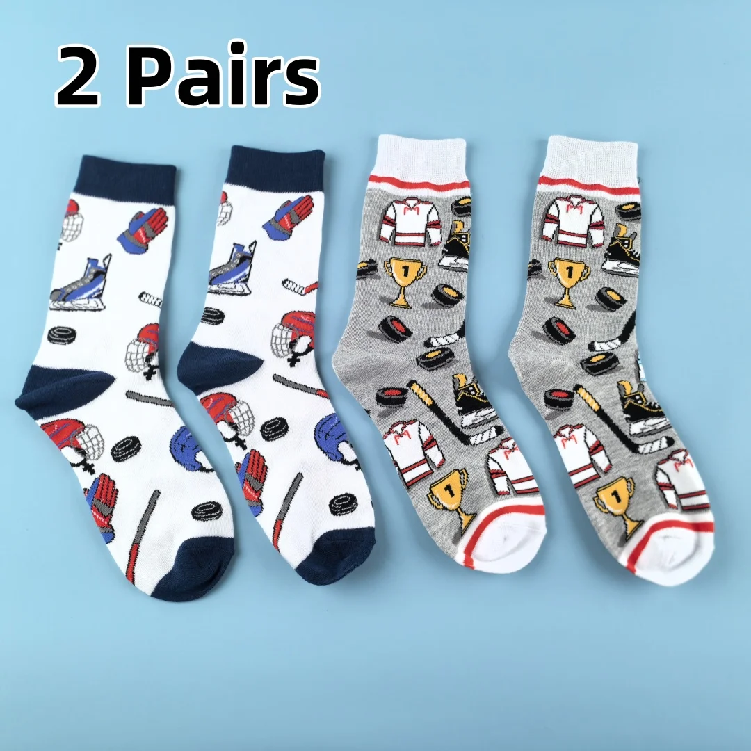 2  Pairs of Ice Hockey Themed Sports Mid-calf Socks, Ideal For Everyday Active Wear and Casual Styling
