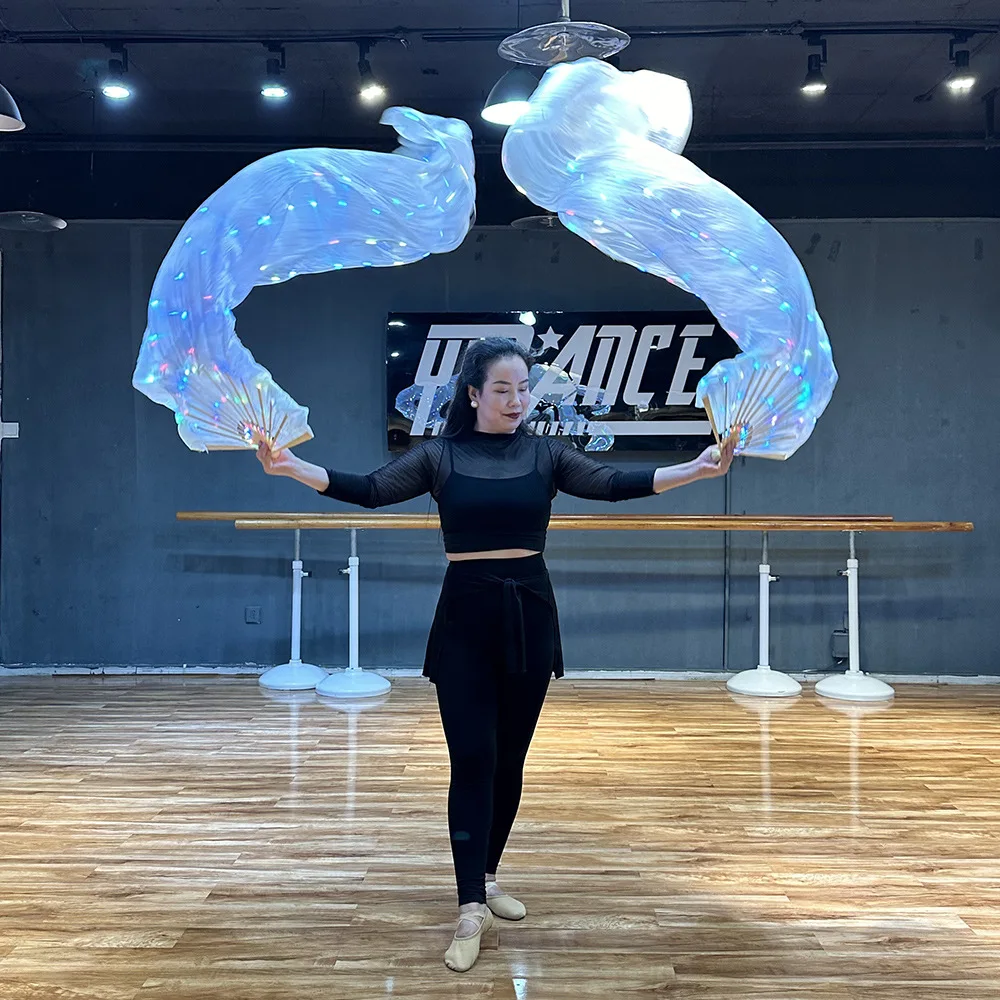 Ruoru 100% Zijde Buikdansen Led Fan Sluiers 180cm Lange Zijden Fan Sluiers met Verlichting Automatische Glitter Club Carnaval Hollween