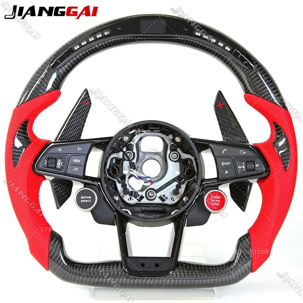 

HandMade LED Carbon Fiber Car Sports Steering Wheel Fit For Audi S3 S4 S5 A3 A4 A5 A6 RS3 RS4 RS5 2010+ Accessories Red Leather