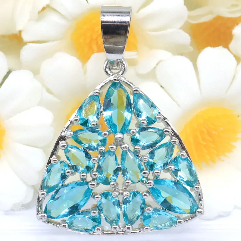 SheCrown Buy 4 Get 1 Free 31x23mm Eye Catching 2.8g Created Rich Blue Aquamarine White CZ Silver Plated Pendant